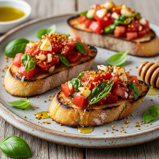 Bruschetta com Tomate, Mel e Pólen